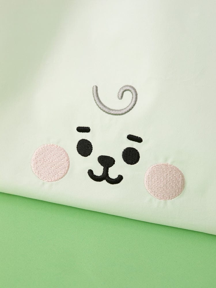 BT21 RJ BABY BASIC ECO BAG : pochette éco verte au visage alpaga RJ LINE FRIENDS, motif brodé, finitions soignées.