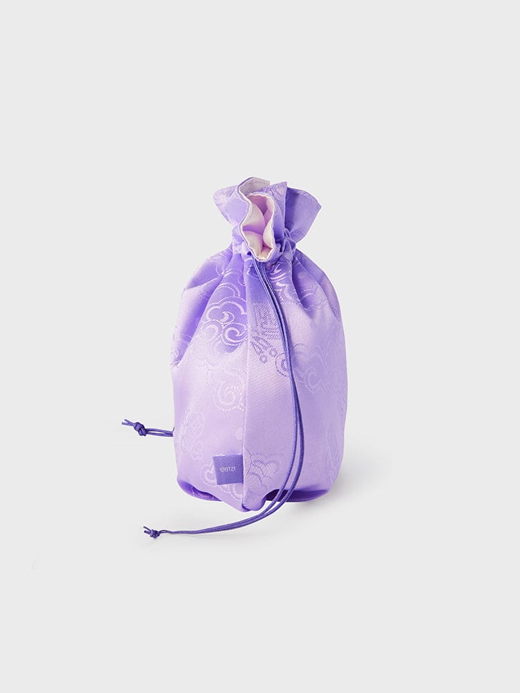 BT21 RJ BABY GOOD LUCK POUCH K-EDITION ver.2 : pochette bébé alpaga RJ en organza violet, LINE FRIENDS, fond clair.