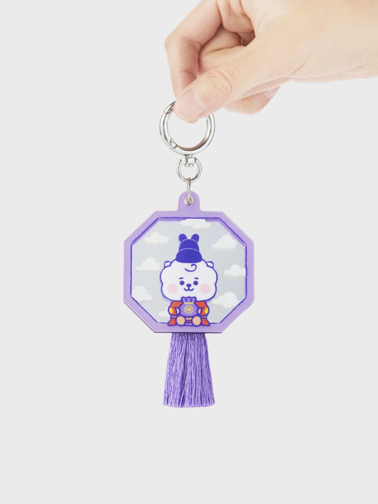 BT21 RJ BABY MIRROR KEYRING K-EDITION ver.2 : porte-clés miroir RJ alpaga LINE FRIENDS, tenu dans la main sur fond clair