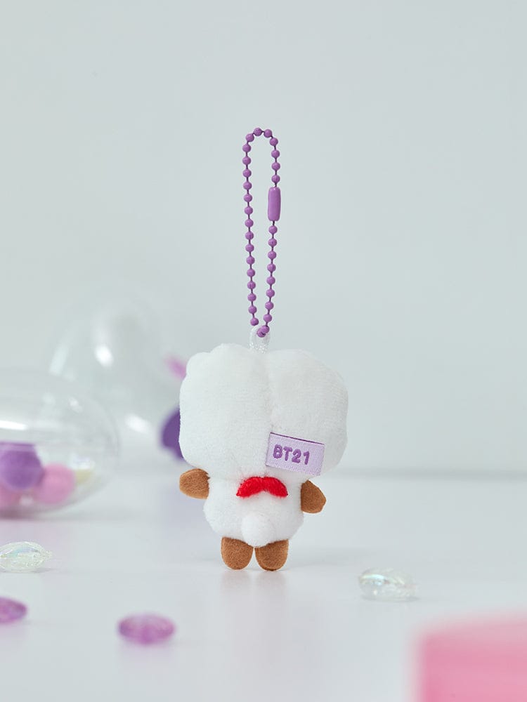 BT21 RJ BABY PEARL PLUSH KEYRING : porte-clés peluche RJ alpaga LINE FRIENDS, boules violettes, fond clair.
