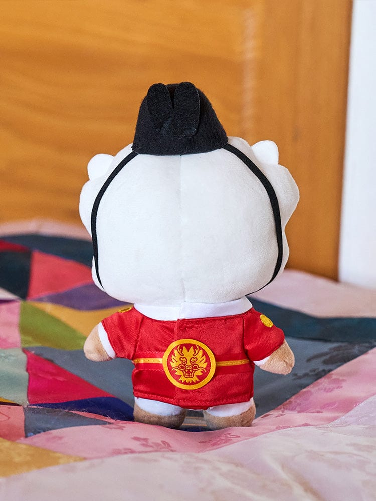 BT21 RJ BABY PLUSH DOLL K-EDITION 2, peluche officielle LINE FRIENDS, RJ alpaga en tenue rouge sur lit coloré