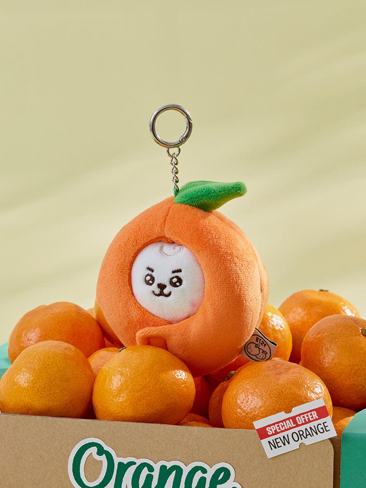 BT21 RJ BABY PLUSH KEYRING ORANGE PARTY, porte-clés peluche orange RJ alpaga sur fond jaune, officiel LINE FRIENDS.