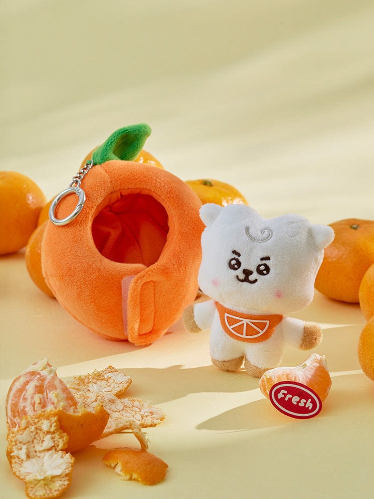 BT21 RJ BABY PLUSH KEYRING ORANGE PARTY : porte-clés peluche orange RJ, licence LINE FRIENDS, sur fond crème.