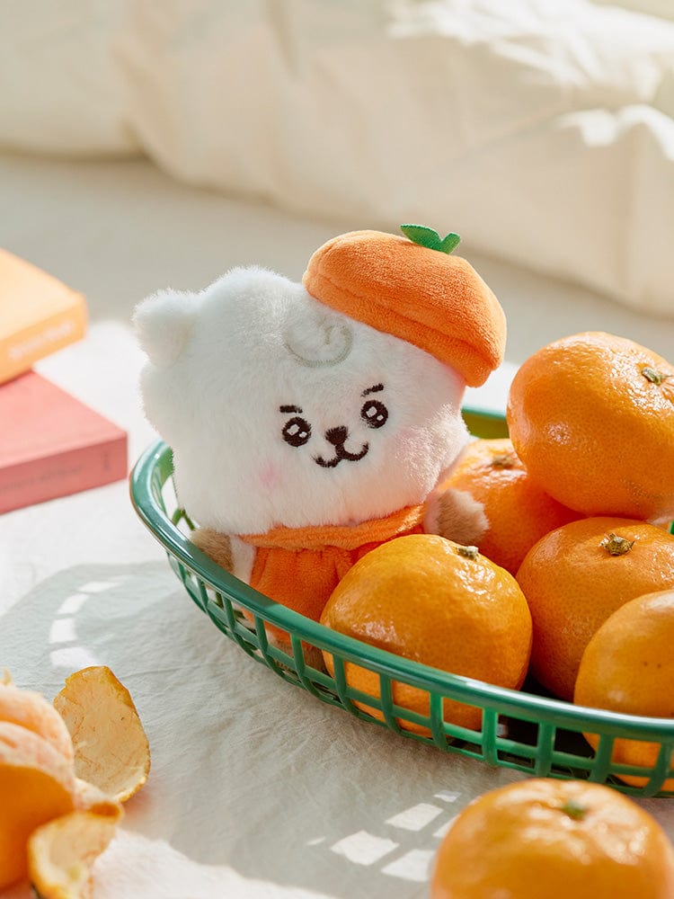 BT21 RJ BABY PLUSH ORANGE PARTY : peluche alpaga orange Jin de BTS, dans un panier vert sur fond clair, officiel LINE FRIENDS.