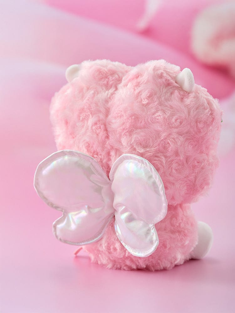 BT21 RJ BABY SITTING PLUSH SPRING FAIRY, peluche officielle LINE FRIENDS alpaga rose en mode bébé sur fond rose pastel