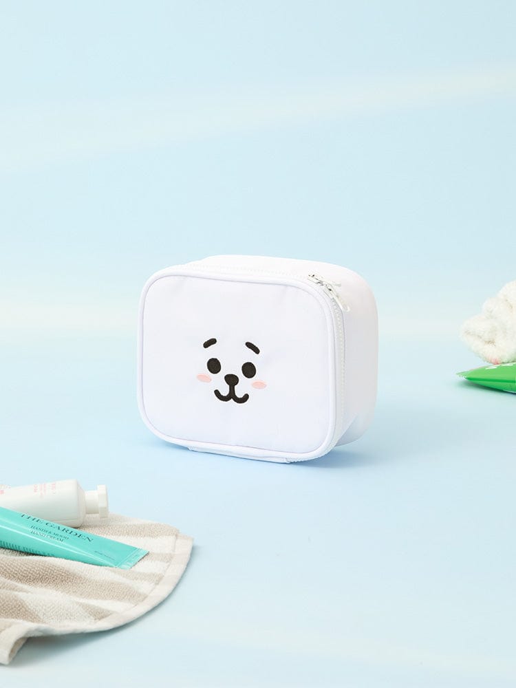 BT21 RJ BASIC MULTI POUCH (S) LINE FRIENDS : pochette blanche RJ avec fermeture éclair, sur fond bleu pastel.