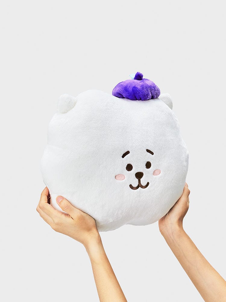 BT21 RJ CUSHION HOPE IN LOVE : coussin alpaga RJ blanc LINE FRIENDS, ambiance kawaii, mains le tenant sur fond clair.