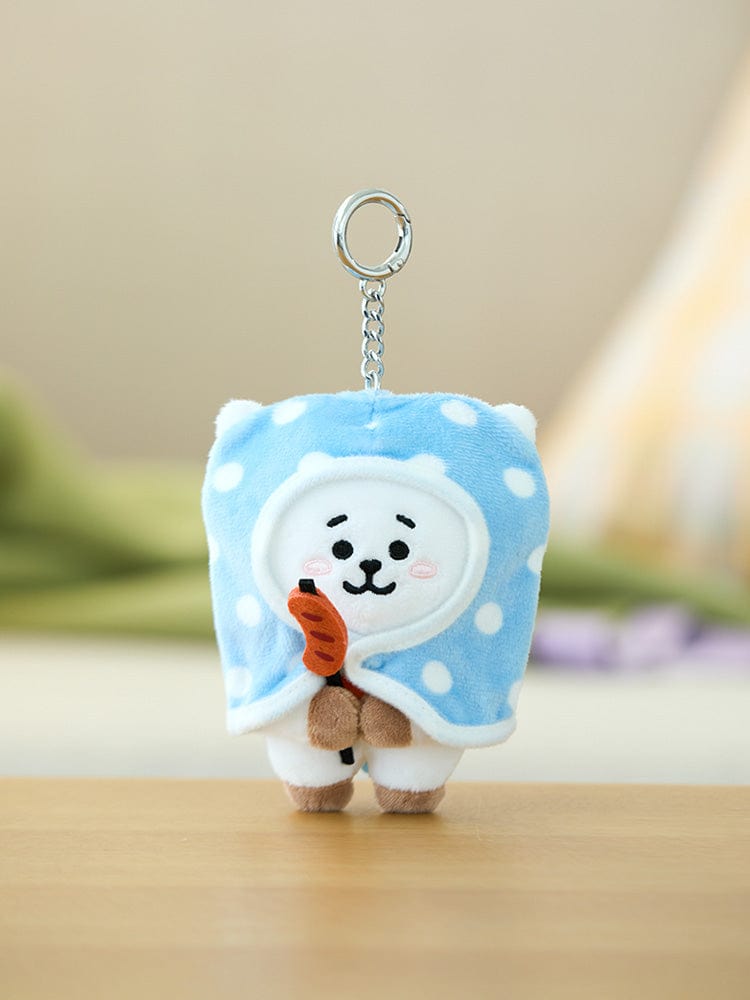 BT21 RJ DOLL KEYRING CAMPFIRE, porte-clés figurine RJ de LINE FRIENDS, alpaga Jin, décor campfire sur fond flou