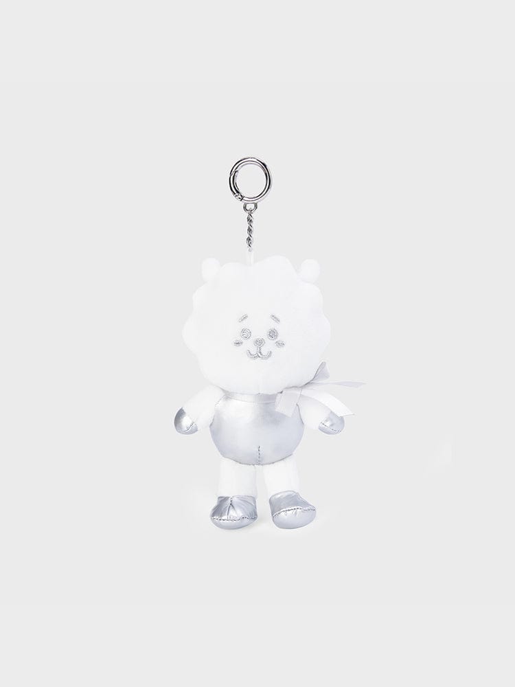 BT21 RJ DOLL KEYRING SILVER EDITION, porte-clés officiel LINE FRIENDS avec peluche RJ argentée sur fond clair.