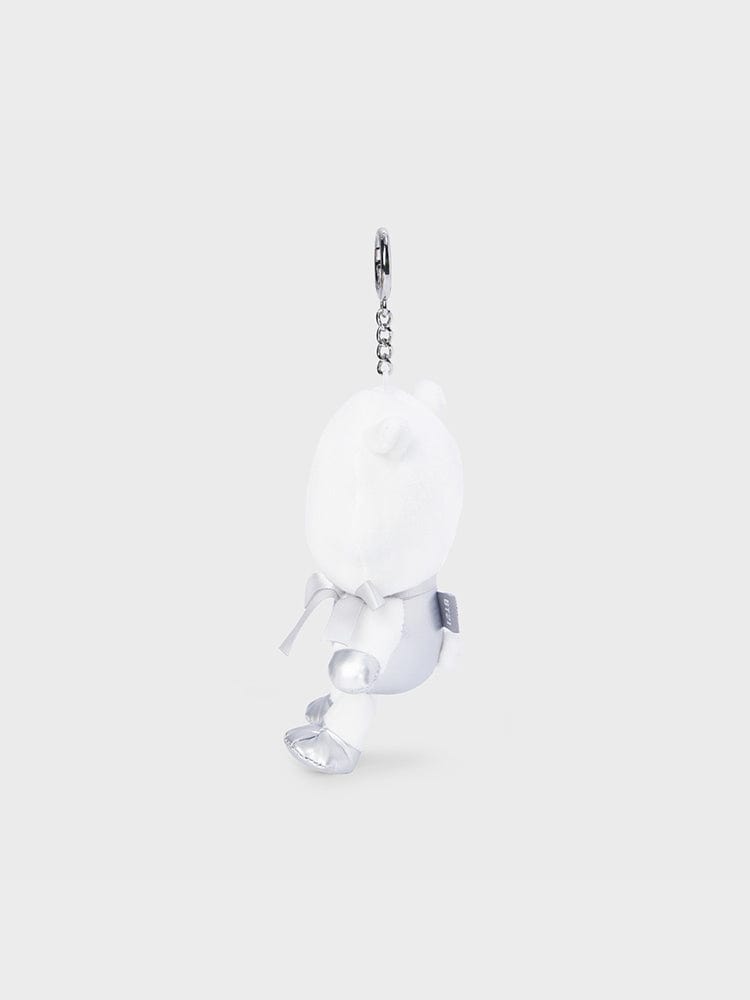 BT21 RJ DOLL KEYRING SILVER EDITION porte-clés officiel LINE FRIENDS avec petit alpaga RJ argenté sur fond clair.