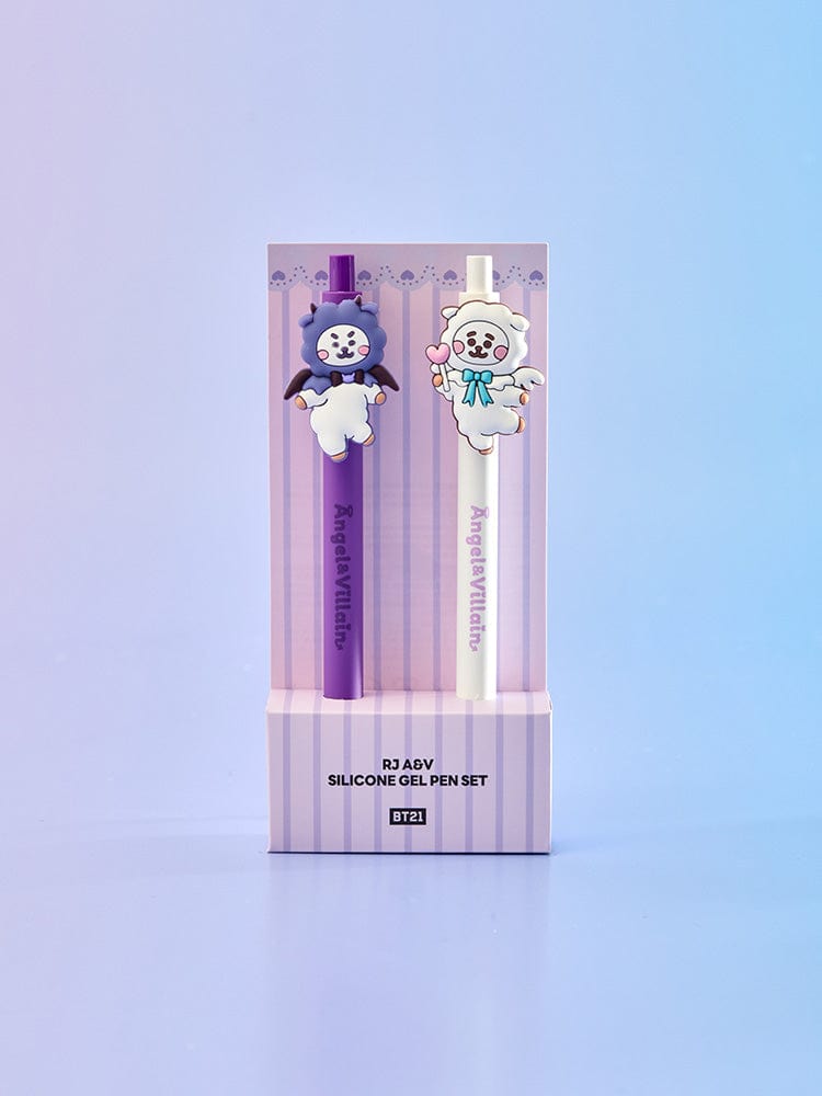 BT21 RJ GEL PEN SET (2PCS) ANGEL & VILLAIN : coffret stylos gel RJ, Jin BTS, officiels LINE FRIENDS, décor bleu pastel.