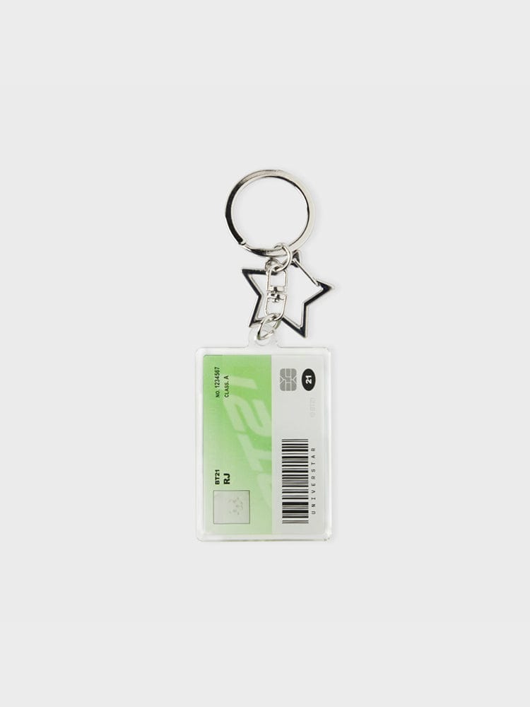 BT21 RJ ID CARD ACRYLIC KEYRING SILVER EDITION : porte-clés acrylique argenté RJ avec badge, sur fond clair (LINE FRIENDS).