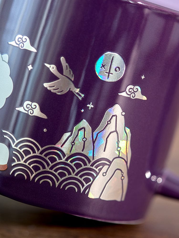 BT21 RJ Premium K Edition Mother-of-pearl Graphic Mug (320ml), marque LINE FRIENDS : mug violet avec motifs RJ et décor nuit kawaii