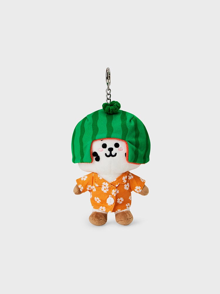 BT21 RJ SUMMER LANE BODY BAG CHARM, porte-clés officiel LINE FRIENDS : RJ en tenue estivale, figurine pendentif sur fond clair.