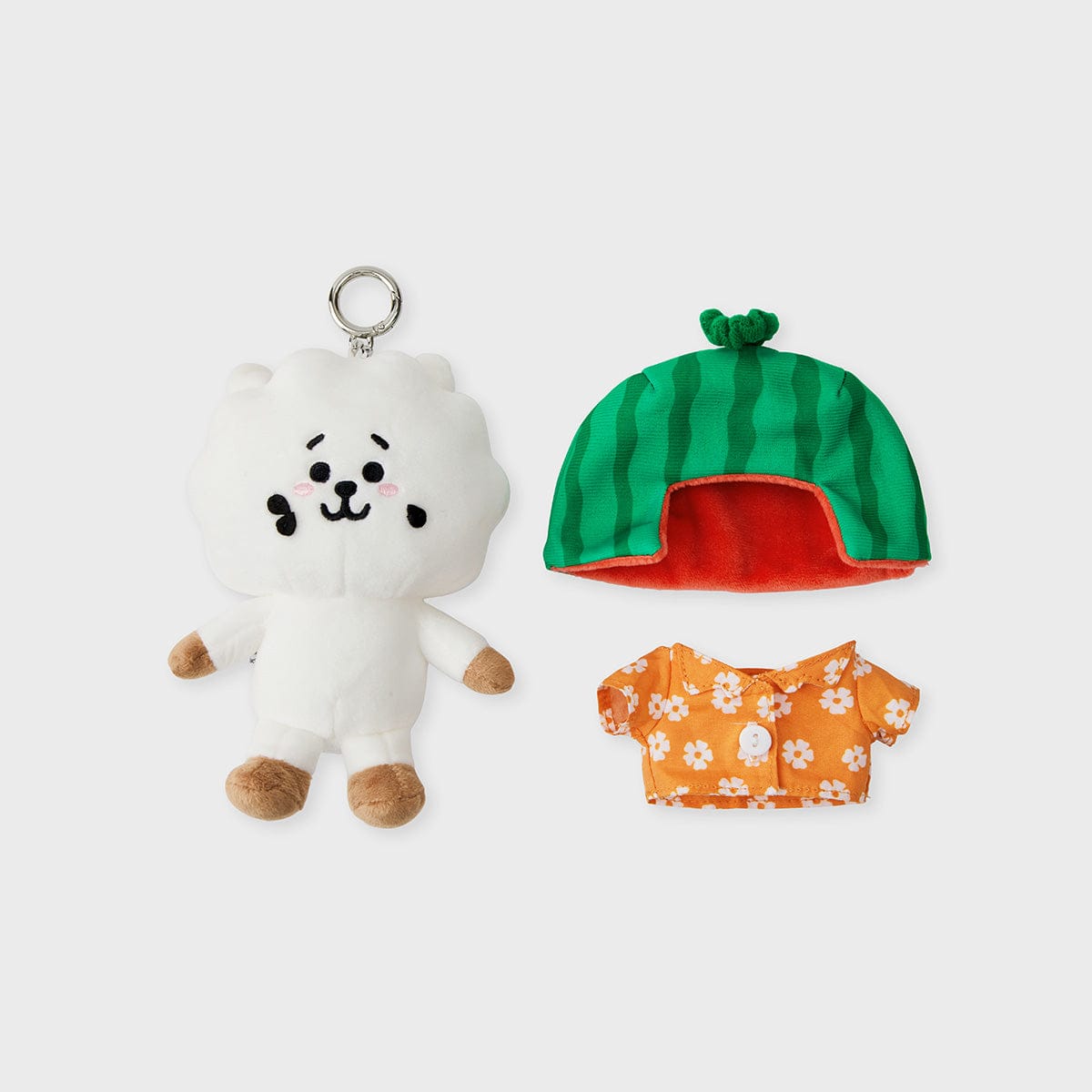 BT21 RJ SUMMER LANE BODY BAG CHARM, porte-clés RJ alpaga LINE FRIENDS sur fond blanc, vêtements colorés.