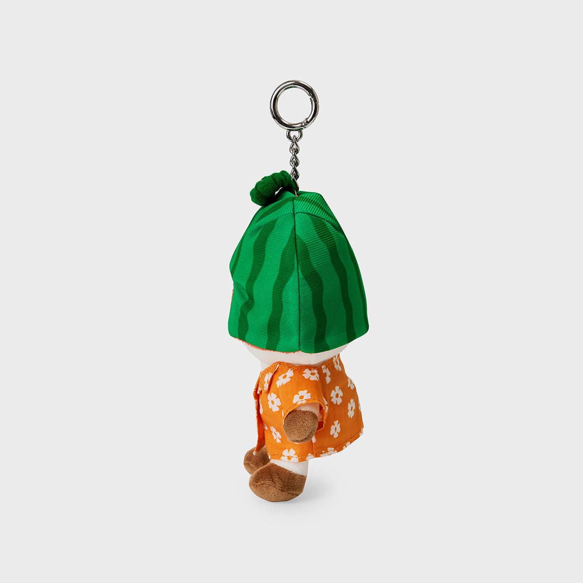 BT21 RJ SUMMER LANE BODY BAG CHARM : porte-clés officiel LINE FRIENDS avec RJ alpagas, pompon vert et sac orange sur fond clair.