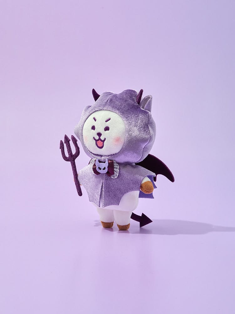 BT21 RJ VILLAIN PLUSH ANGEL & VILLAIN : peluche officielle LINE FRIENDS, RJ alpaga, tenue ange et diable, fond violet.