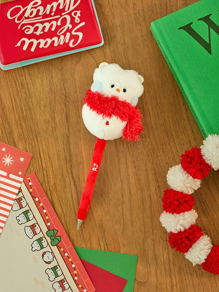 BT21 RJ mini minini SNOWMAN PLUSH GEL PEN PETITE HOLIDAY, stylo peluche RJ sur bureau, ambiance Noël BT21