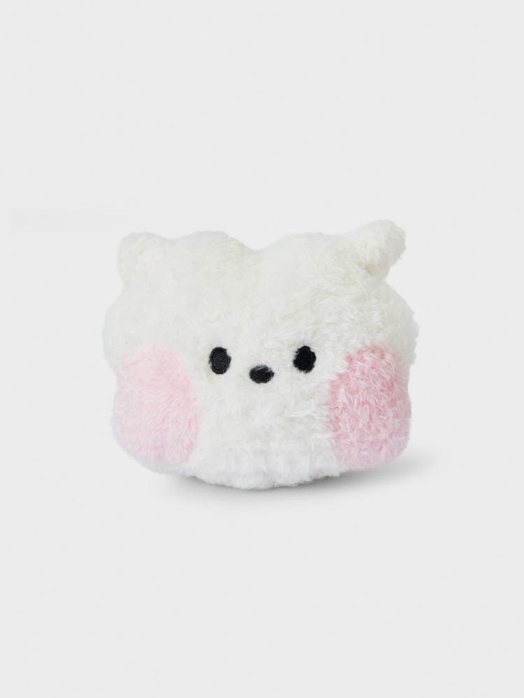 BT21 RJ minini HANDHELD MIRROR GLITTER EDITION : peluche alpaga RJ blanche et rose, décor chambre, style minimaliste, fond uni.