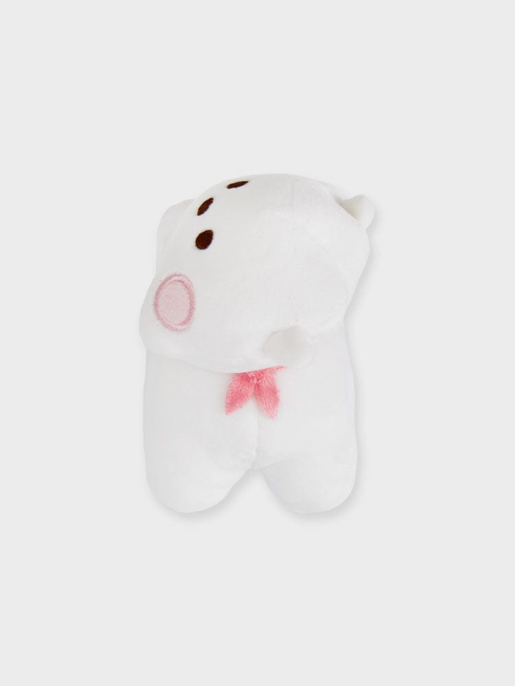 BT21 RJ minini LYING DOLL, peluche officielle Jin de BTS, alpaga couché blanc, décor chambre, fond clair.