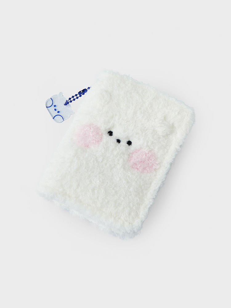 BT21 RJ minini PHOTO BINDER GLITTER EDITION LINE FRIENDS : mini photo binder blanc brillant avec tête RJ, rendu studio.