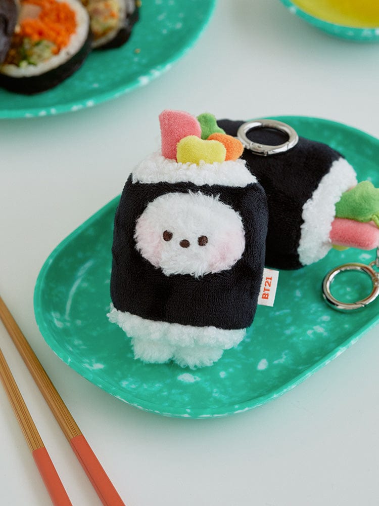 BT21 RJ minini PLUSH KEYRING BUNSIK LINE FRIENDS, porte-clés peluche RJ alpaga sur plateau vert, fan K-pop BTS.