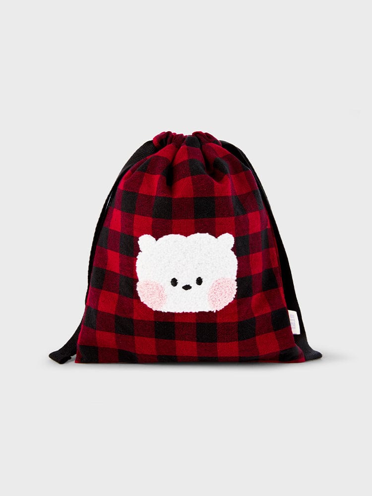 BT21 RJ minini STRING POUCH BASIC, pochhette string rouge à carreaux avec RJ alpaga, design minimaliste LINE FRIENDS