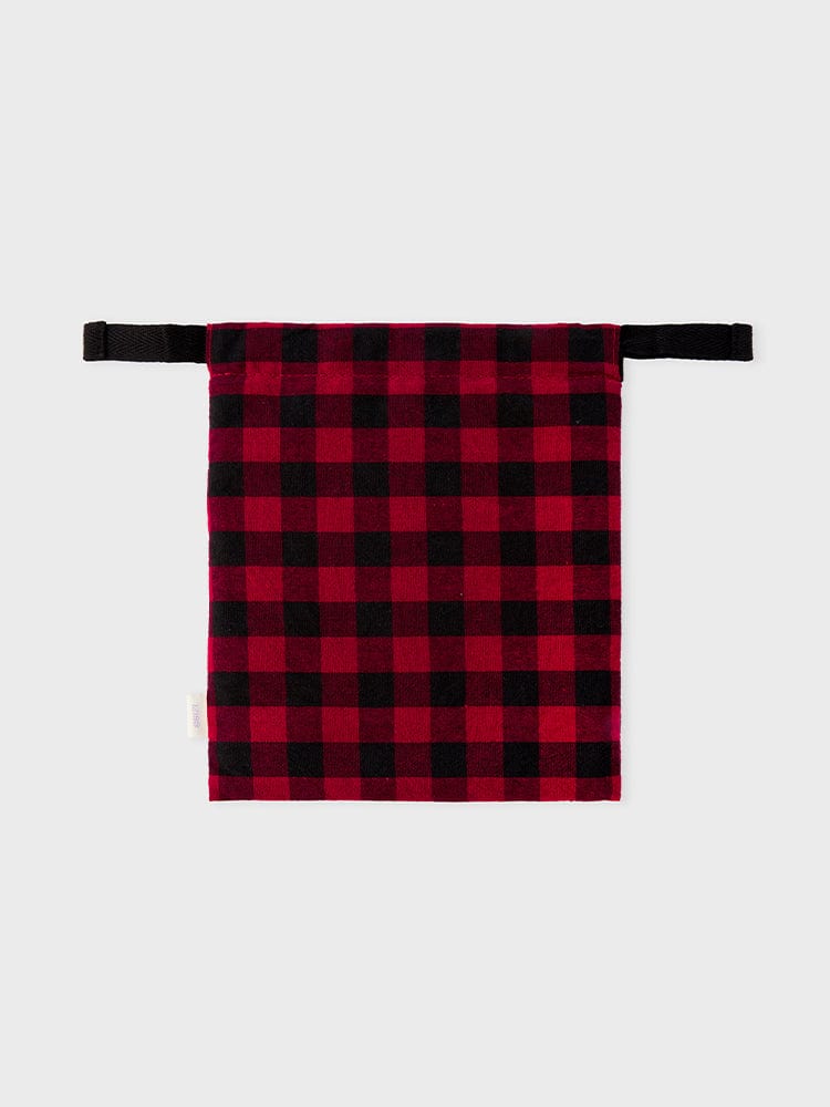 BT21 RJ minini STRING POUCH BASIC LINE FRIENDS : pochette/mini sac à carreaux noir et rouge, design minimaliste