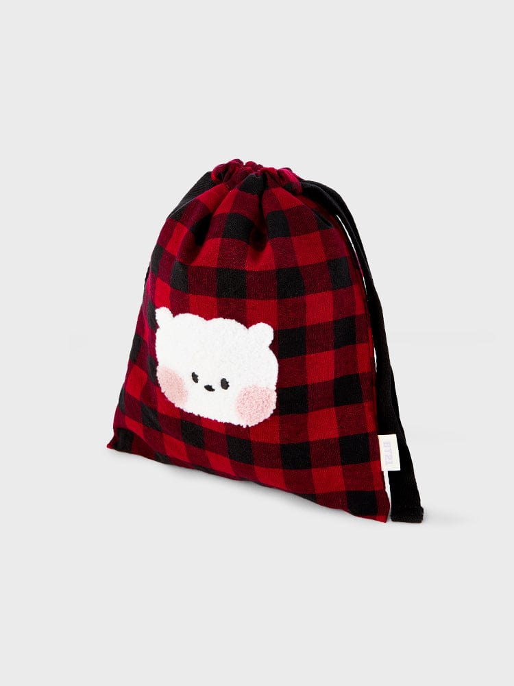 BT21 RJ minini STRING POUCH BASIC, pochette à cordon LINE FRIENDS, motif alpaga RJ sur plaid rouge et noir