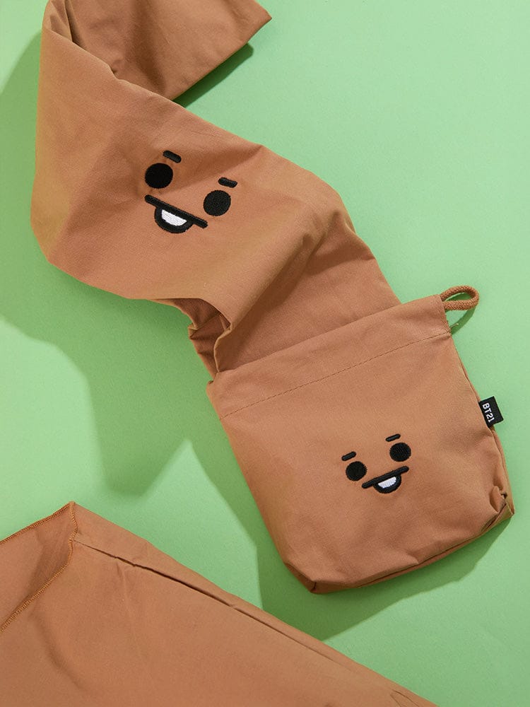 BT21 SHOOKY BABY BASIC ECO BAG, sac éco marron officiel LINE FRIENDS avec Shooky sur fond vert, vue détail poche et sacoche