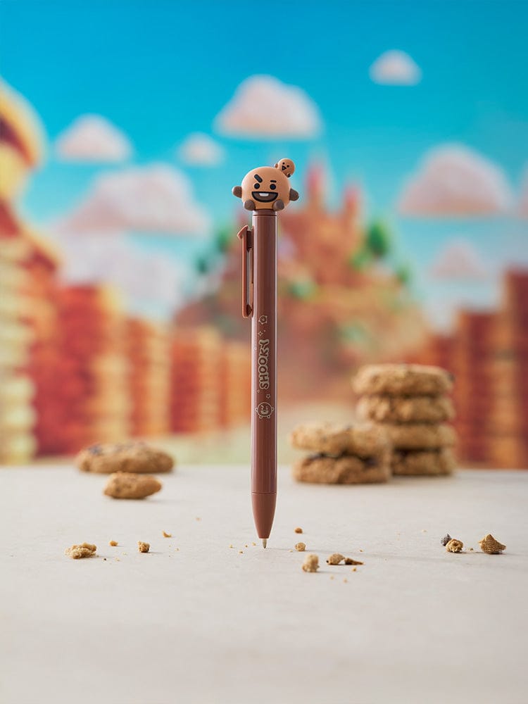 BT21 SHOOKY THE KING & BAKY FIGURE PEN, stylo figurine officiel LINE FRIENDS sur décor coloré, style malicieux SHOOKY