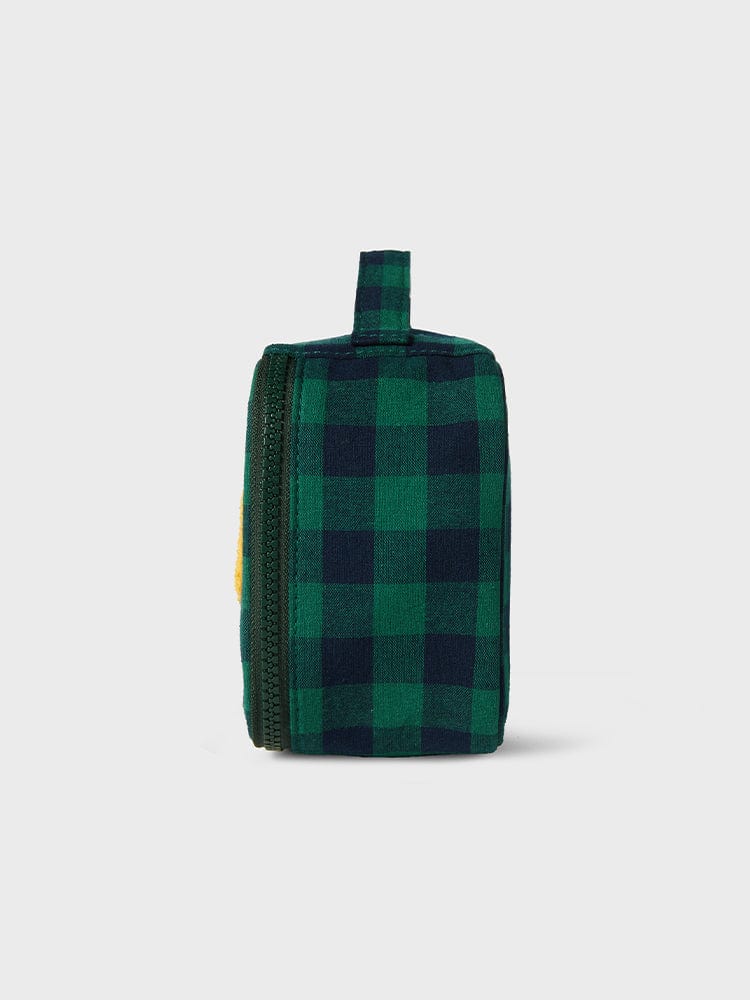 BT21 SHOOKY minini CHECKERED POUCH BASIC : pochette verte à carreaux, design officiel LINE FRIENDS, forme compacte.