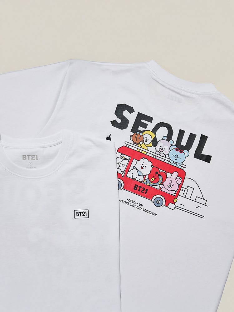 BT21 SHORT SLEEVE T-SHIRT WHITE SEOUL EDITION : t-shirt blanc officiel LINE FRIENDS avec illustration Seoul sur fond clair.