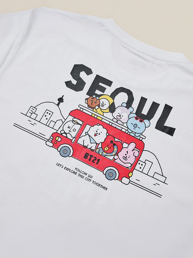 BT21 SHORT SLEEVE T-SHIRT WHITE SEOUL EDITION, t-shirt blanc LINE FRIENDS avec illustration Seould’icônes BT21, vue produit