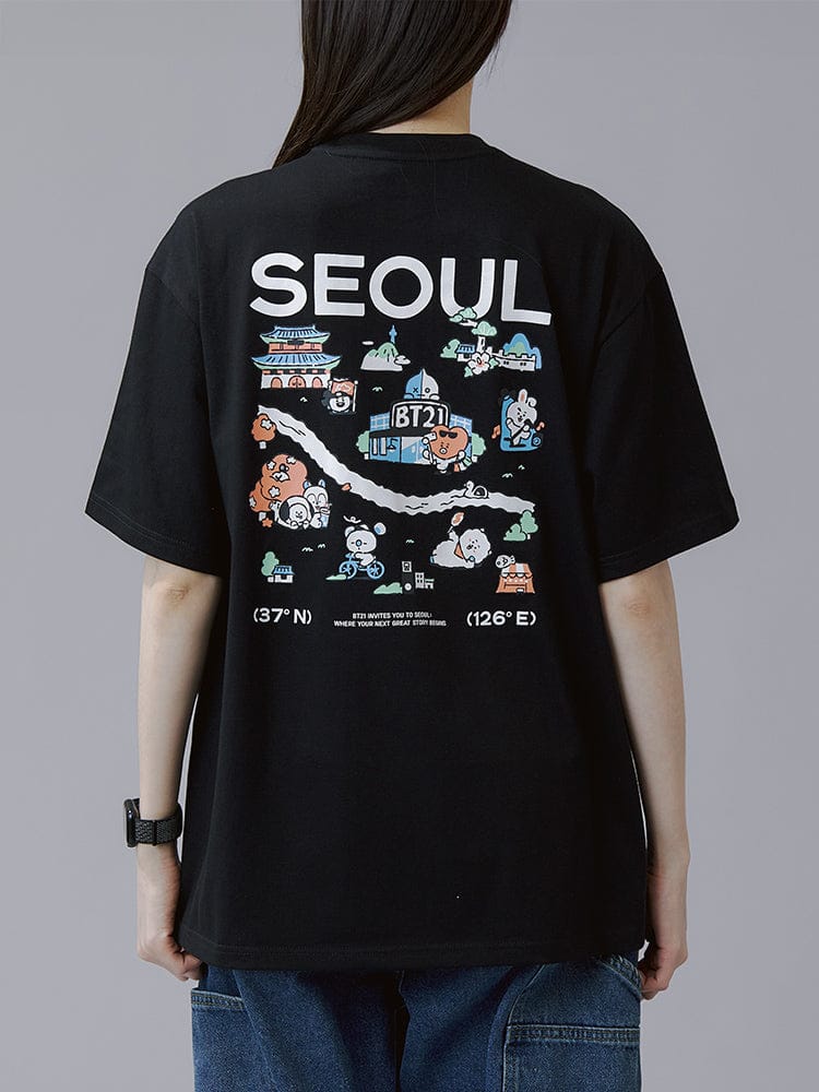 BT21 SHORT SLEEVE T-SHIRTS SEOUL EDITION ver.1 (BLACK) LINE FRIENDS : T-shirt noir dos "SEOUL" avec personnages BT21.