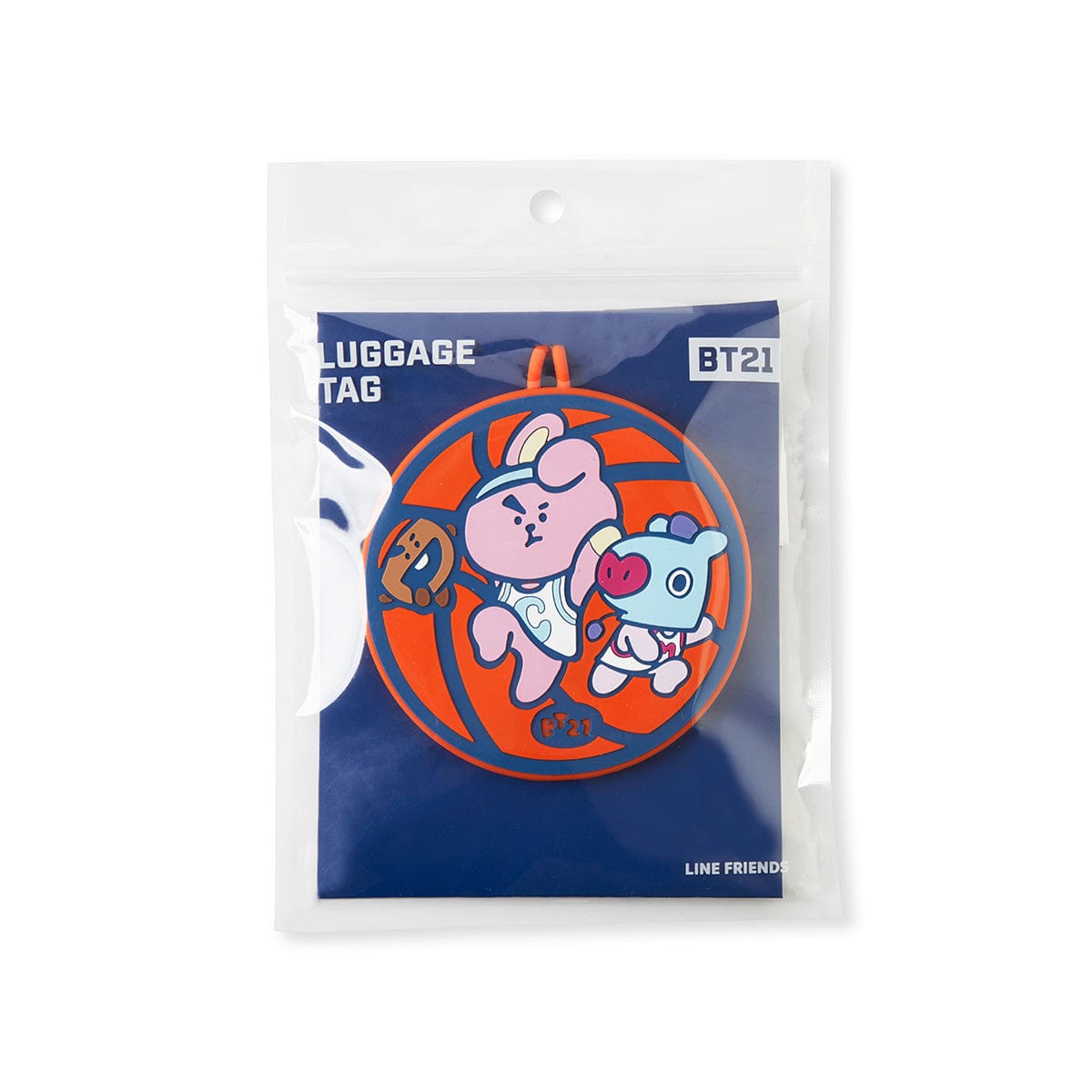 BT21 SPORTS CLUB LUGGAGE TAG BASKETBALL, badge de valise officiel LINE FRIENDS, visuel personnages BTS sur fond bleu