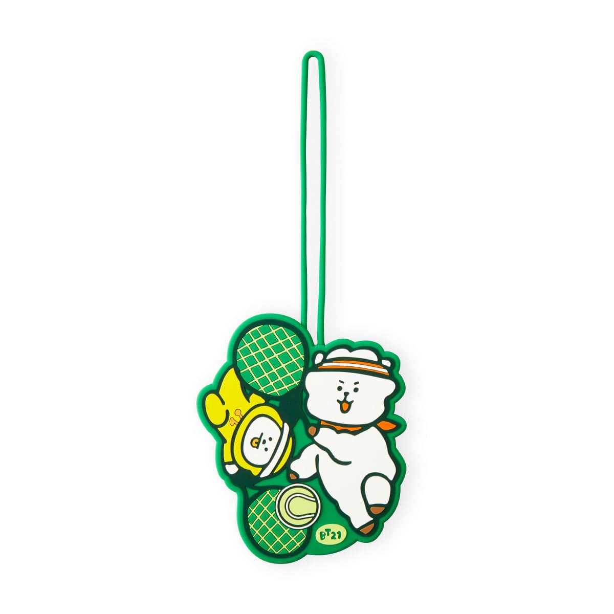 BT21 SPORTS CLUB LUGGAGE TAG TENNIS de LINE FRIENDS : étiquette valise verte avec personnages BTS, style sport.
