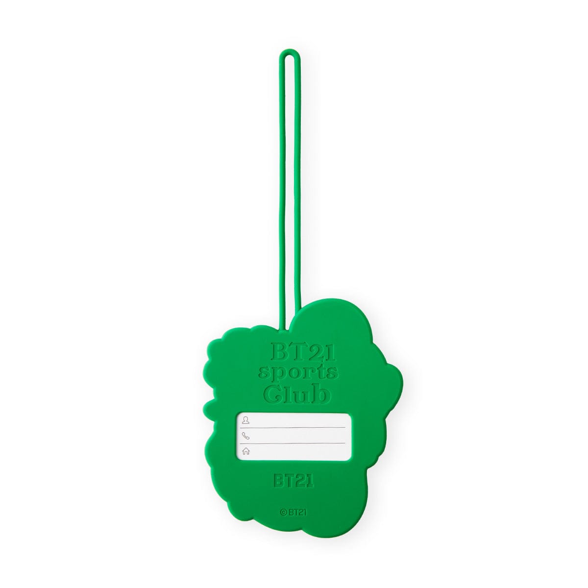 BT21 SPORTS CLUB LUGGAGE TAG TENNIS, tag vert sur sac avec attache, style voyage BT21 x LINE FRIENDS.