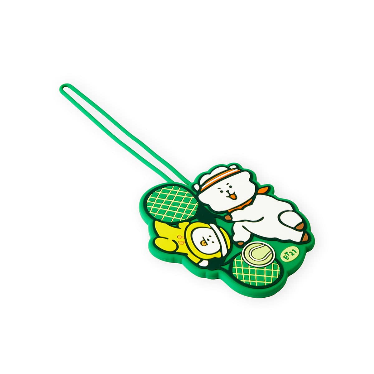 BT21 SPORTS CLUB LUGGAGE TAG TENNIS de LINE FRIENDS : étiquette valise verte tennis avec personnages BT21, sur fond blanc