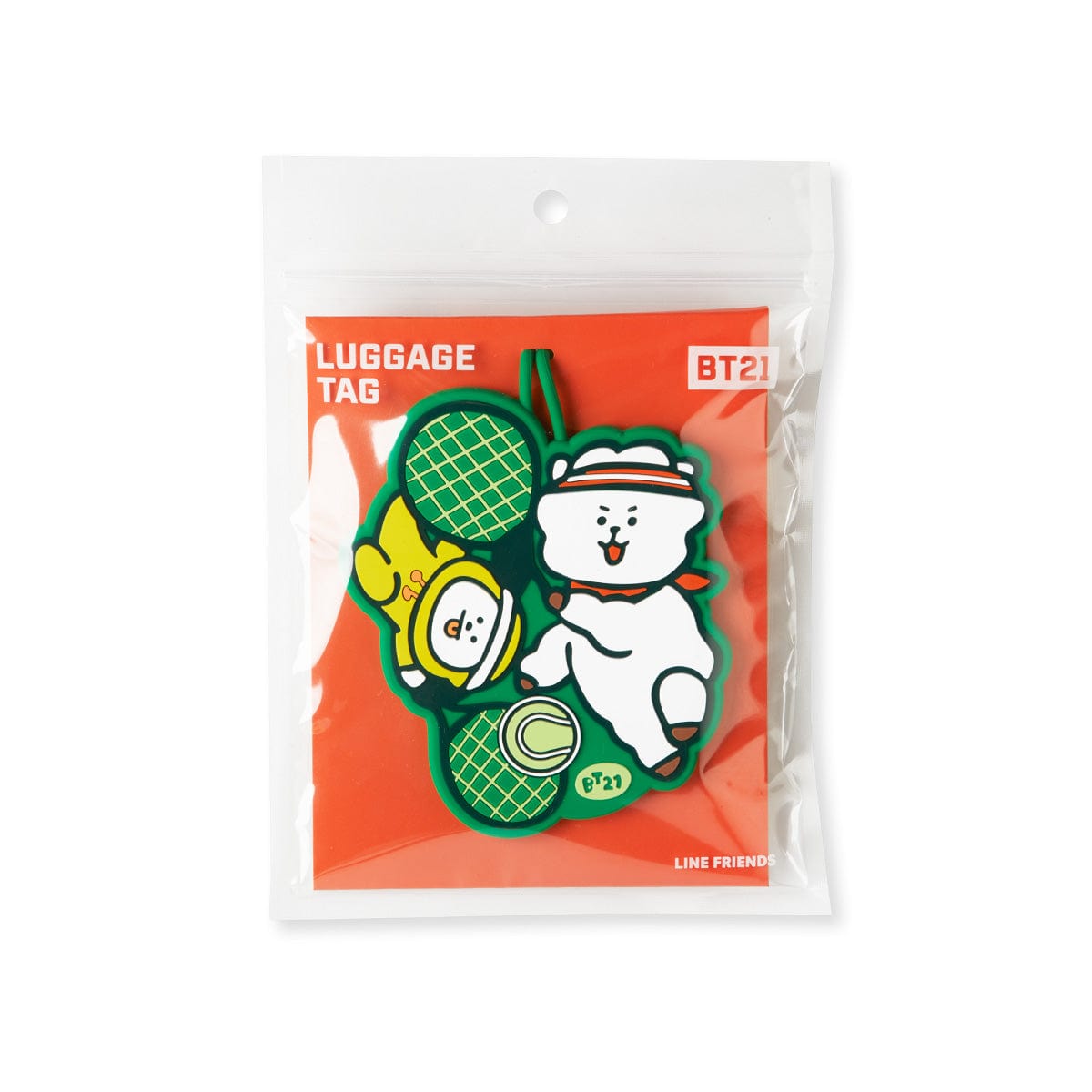 BT21 SPORTS CLUB LUGGAGE TAG TENNIS de LINE FRIENDS : étiquette bagage orange avec personnages BT21 style tennis, en emballage.