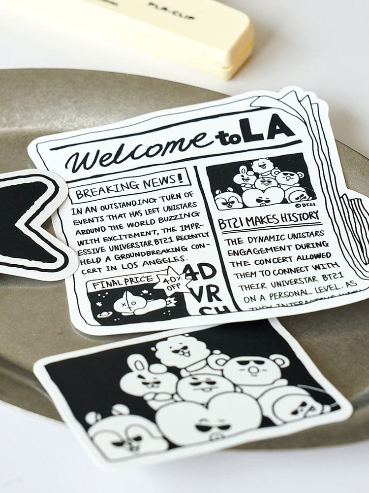 BT21 STICKER LA CITY EDITION : stickers LA avec personnages BT21 sur carnet, design noir et blanc, LINE FRIENDS/BTS