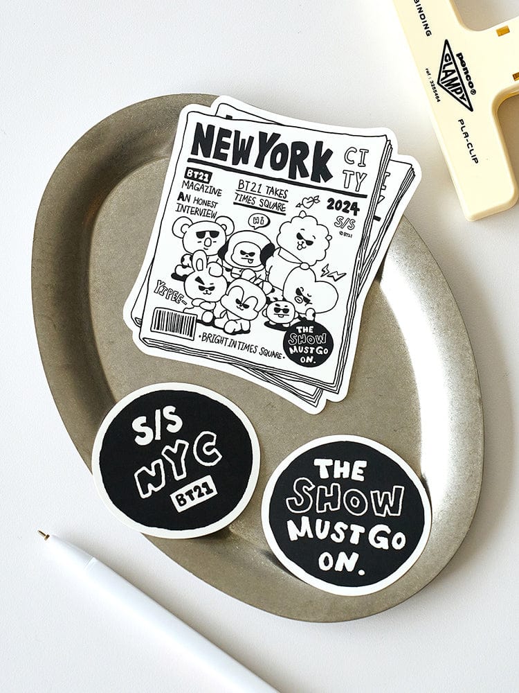 BT21 STICKER NEW YORK CITY EDITION, stickers officiels LINE FRIENDS sur plateau, personnages BT21 façon ticket NYC 2024
