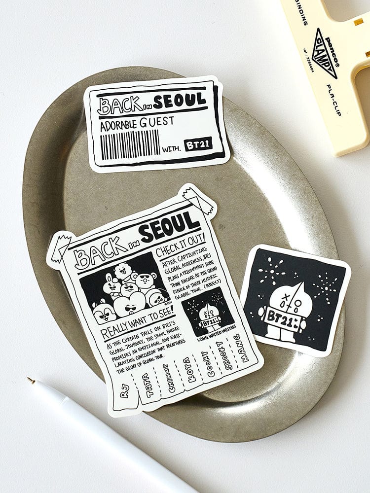 BT21 STICKER SEOUL CITY EDITION, stickers BTS LINE FRIENDS sur plateau beige, design “Back to Seoul” et personnages BT21.