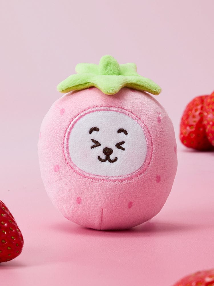 BT21 STRESS BALL STRAWBERRY PARTY : balle anti-stress en forme de fraise rose avec visage, sur fond rose, LINE FRIENDS