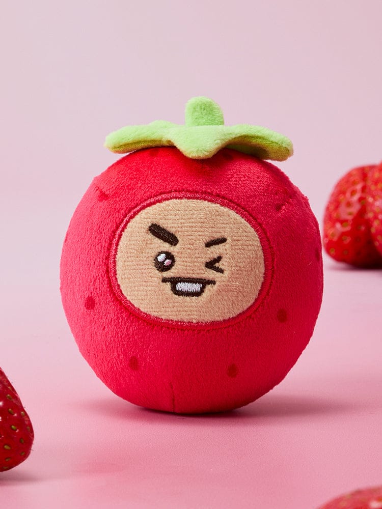 BT21 STRESS BALL STRAWBERRY PARTY, peluche antistress fraise rouge LINE FRIENDS/BTS, fond rose, gros plan