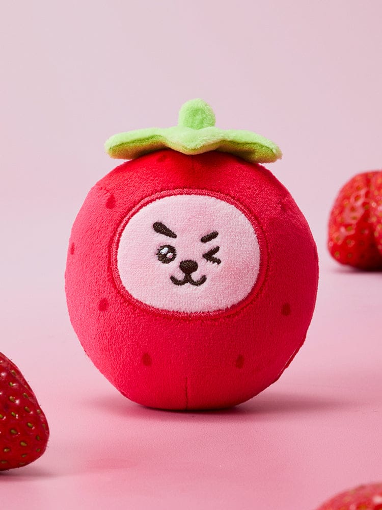 BT21 STRESS BALL STRAWBERRY PARTY : peluche stress ball rouge fraise LINE FRIENDS/BTS sur fond rose, image produit