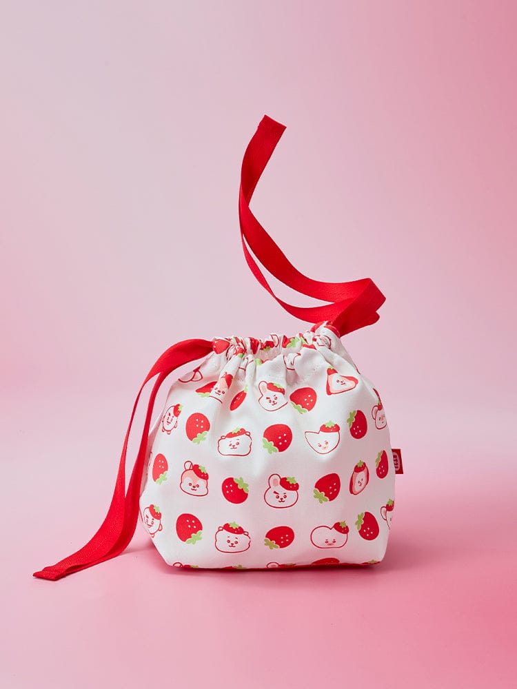 BT21 STRING POUCH STRAWBERRY PARTY : pochette fraise rouge et blanche avec cordon, design officiel LINE FRIENDS sur fond rose.