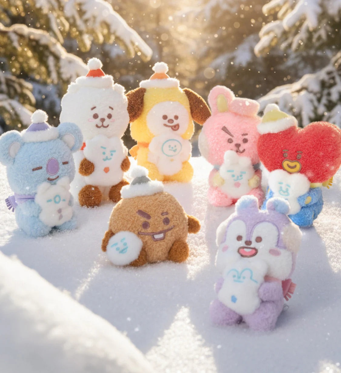 BT21 Snowman Doll, peluches BT21 en neige : personnages défilent dans la poudreuse, ambiance hiver féerique.