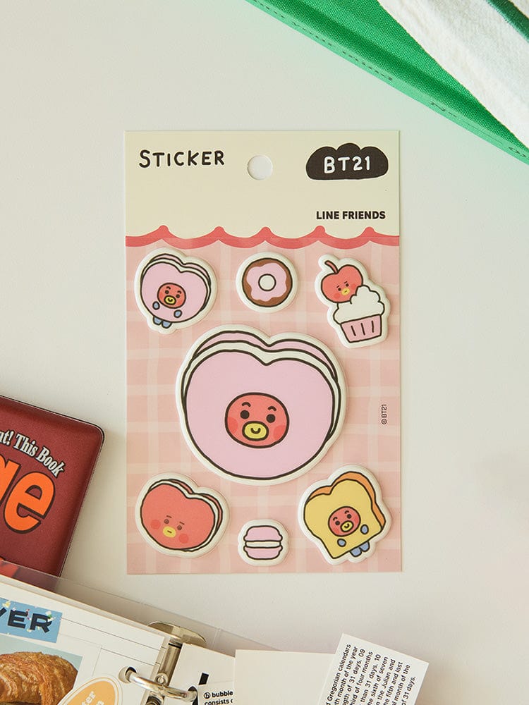 BT21 TATA BABY STICKERS BAKERY SHOP : pack de stickers TATA LINE FRIENDS sur fond beige, design pâtisserie