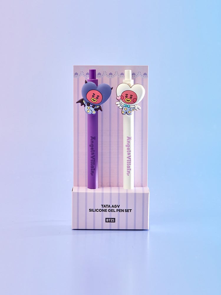 BT21 TATA GEL PEN SET (2PCS) ANGEL & VILLAIN, stylos gel officiels LINE FRIENDS, coffret sur fond bleu